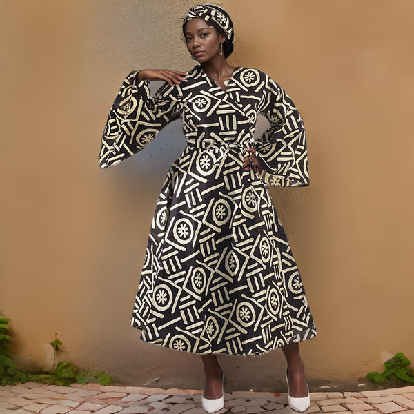 Women's African Black/Cream Print Wrap Dress