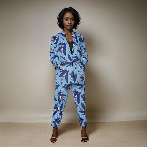 Women's Light Blue African Print Blazer and Pants Set