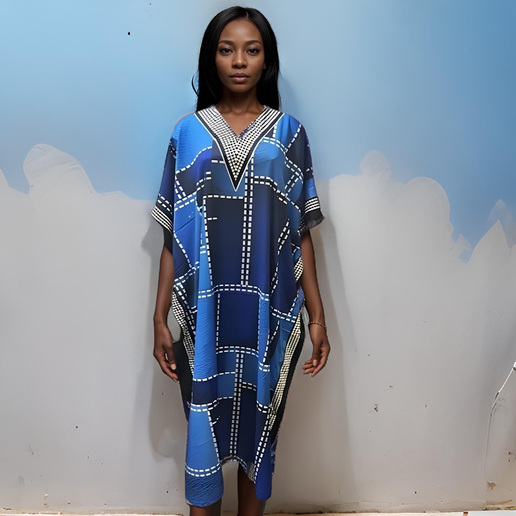 Denim Patch Print Kaftan Dress