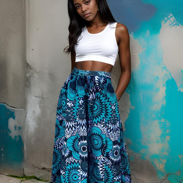 African Blue Floral Print Palazzo Pants