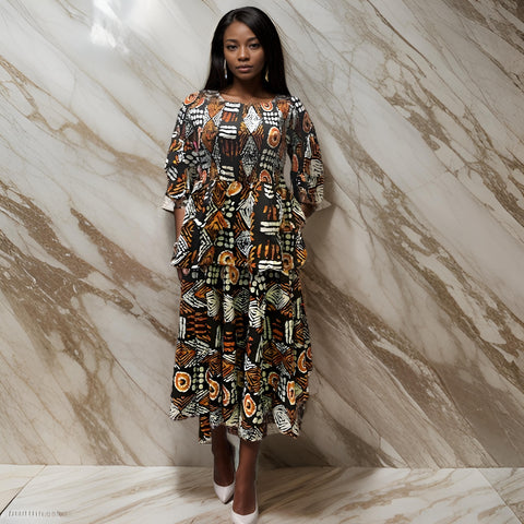 African Orange/Black/White Print Short Skirt & Clutch Set