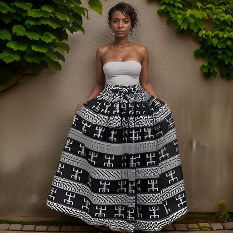 African Print White/Black Maxi Aztec Skirt