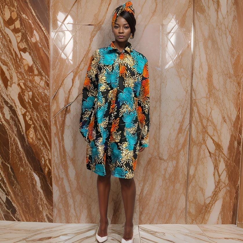 Bold Blue/Orange African Print Button Down Dress