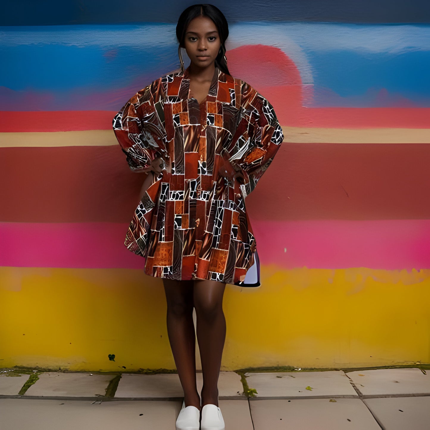 Authentic African Brown/Copper Animal Print Big Button Tunic Dress