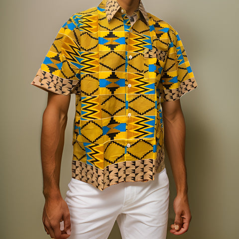 Men's Yellow/Black/Teal/Gold African Print Kente Shirt - Premium African Apparel from MAGOS - Just $18! Shop this and more African Apparel now 