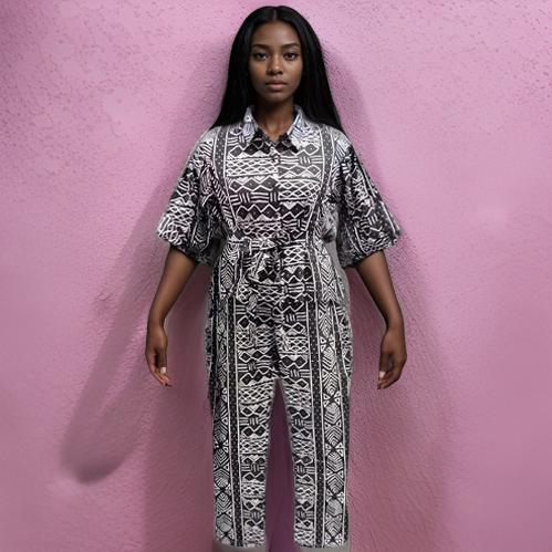 Women's African Print Black/White Top & Pants Set