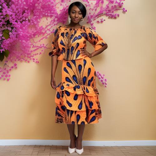 African Peacock Print Tiered Skirt & Ruffle Top Set