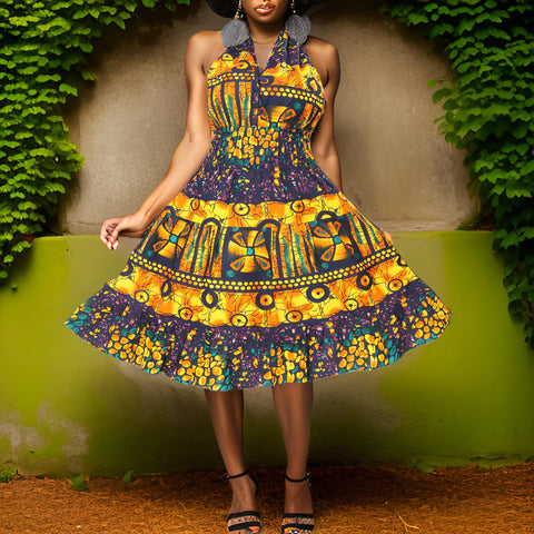 Authentic African Print Three Button Short Dress (Purple/Gold) - Premium African Apparel from MAGOS - Just $45! Shop this and more African Apparel now 