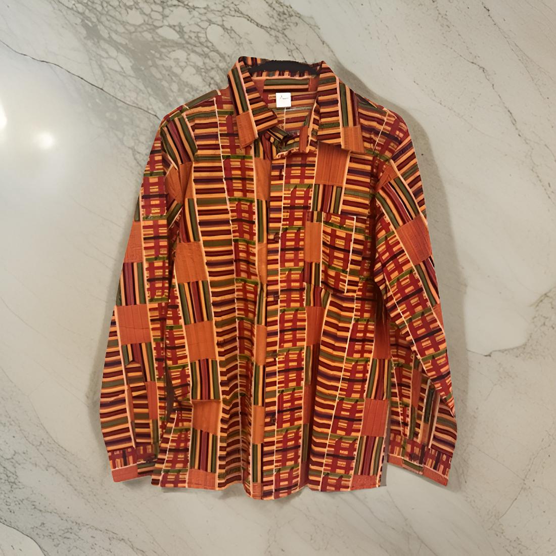 Men's Long Sleeve Kente Style1 Dashiki Shirt (Large)