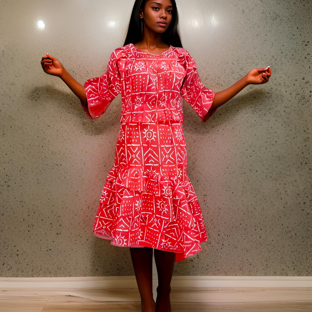 African Red/White Mud Print Tiered Skirt & Ruffle Top Set