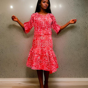 African Red/White Mud Print Tiered Skirt & Ruffle Top Set