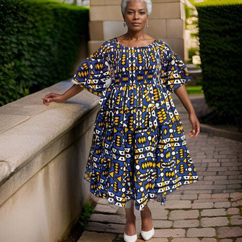 African Blue/Yellow Print Short Skirt & Clutch Set