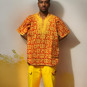 African Men's Red Gold Print Short Sleeve Dashiki Shirt