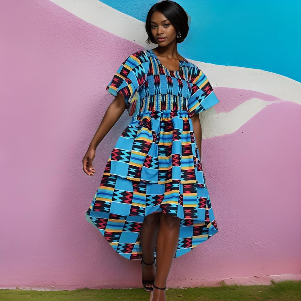 Tiered Turquoise Kente African Print Dress