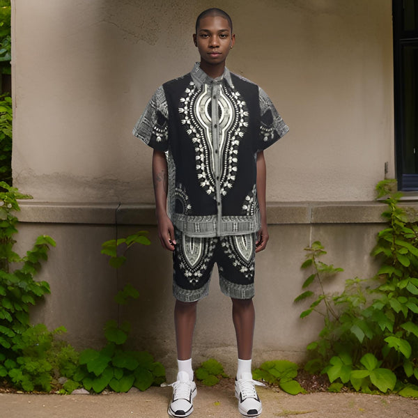 Men's Black/White African Traditional Dashiki Print Shorts Set