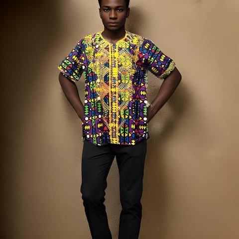 Men's Purple Multi-Color African Print Embroidered Dashiki Shirt