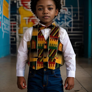 Boys African Kente Print Vest & Bow Tie Set (Style B)