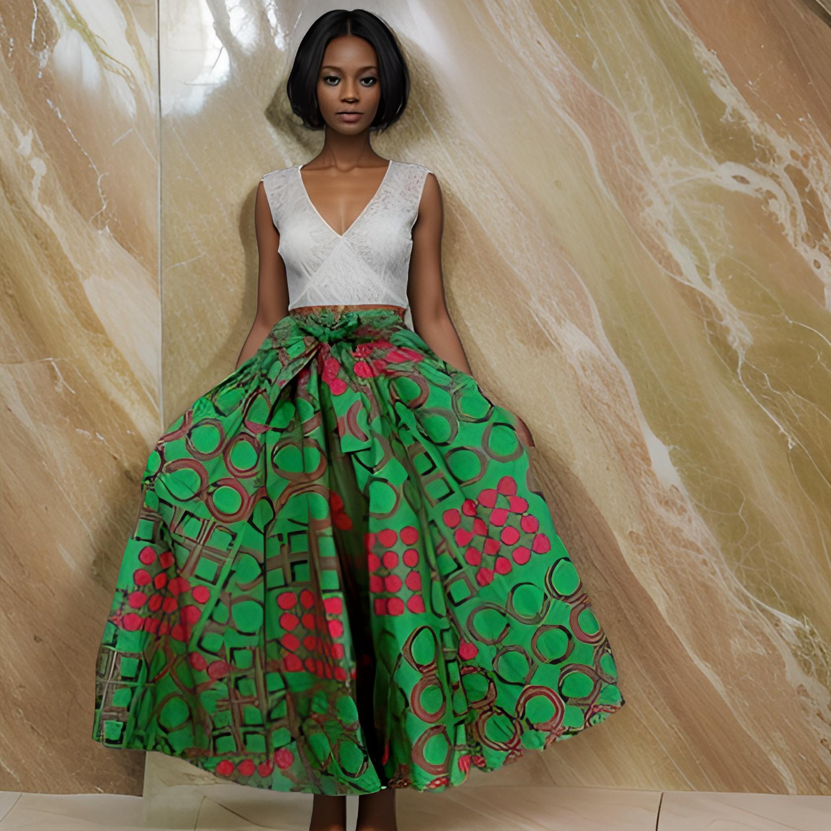 Authentic African Ankara Wax Print Skirt (Pink/Green)