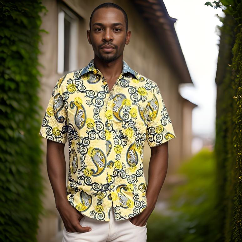 Men's Orange/Blue/Olive Print Short Sleeve Button Down Shirt (XL)