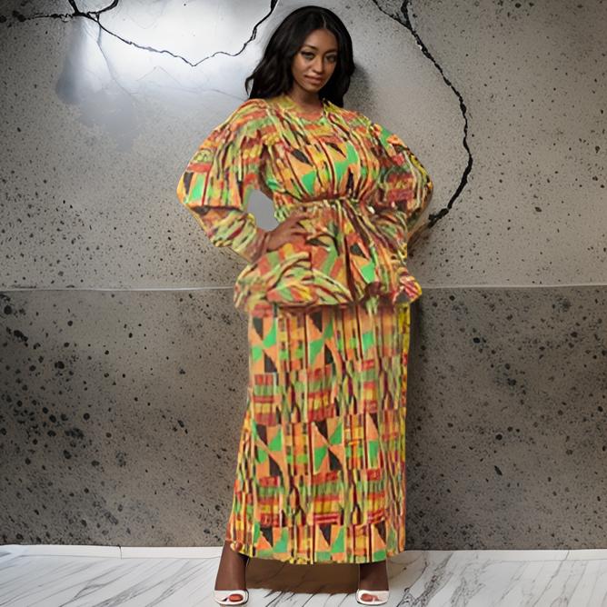 African Kente Print Split Skirt Set (L)