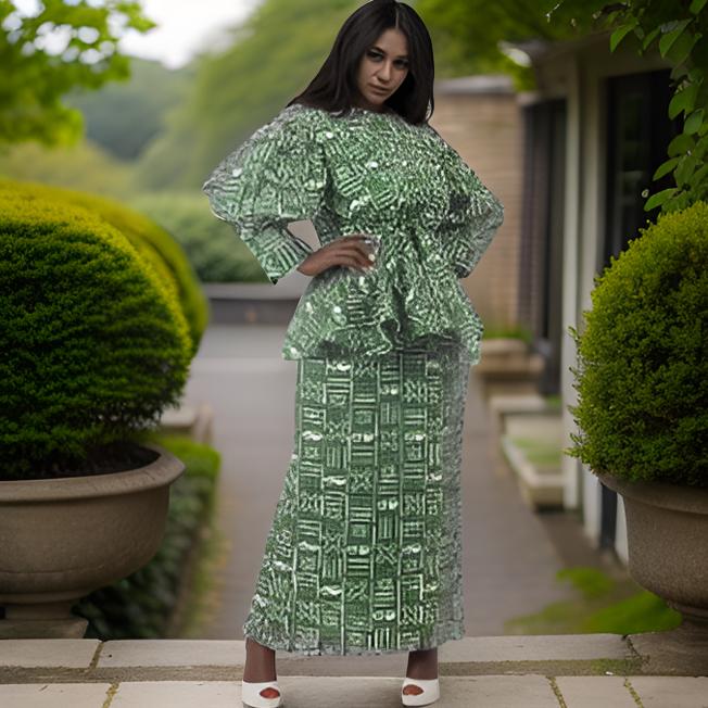 African Green Print Back Split Skirt Set (3XL)