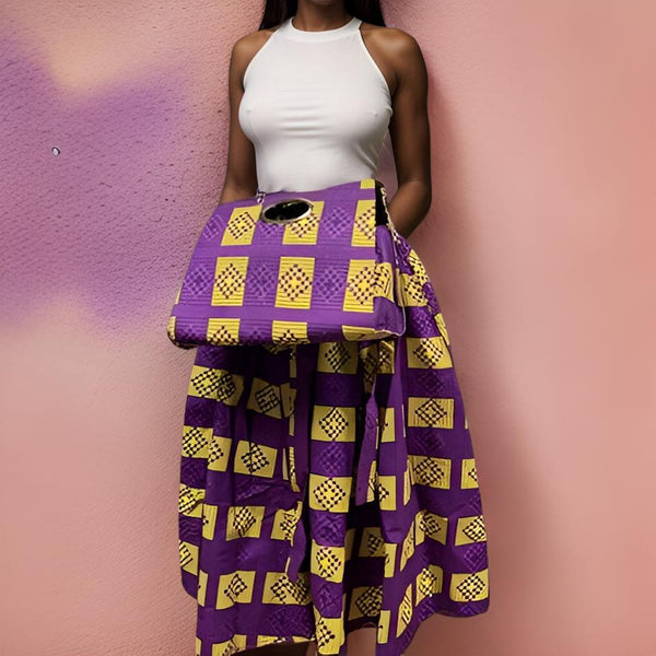 Women's Purple/Gold African Print Skirt and Bag Set