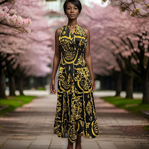 Authentic African Wax Print Three Button Long Dress (Black/Gold)