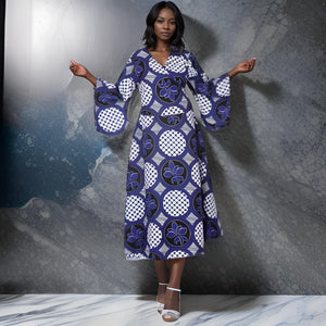 Women's African Blue/White Print Hathi Wrap Dress