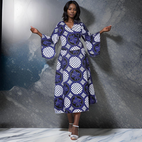 Women's African Blue/White Print Hathi Wrap Dress