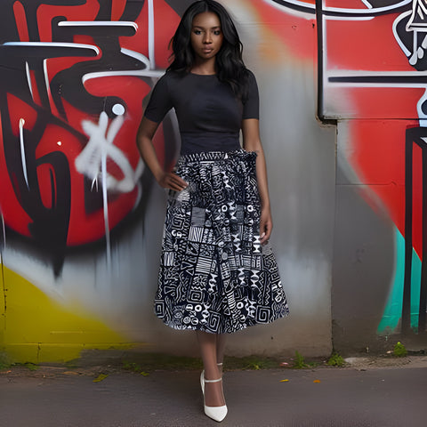 African Black/White Print Midi Skirt