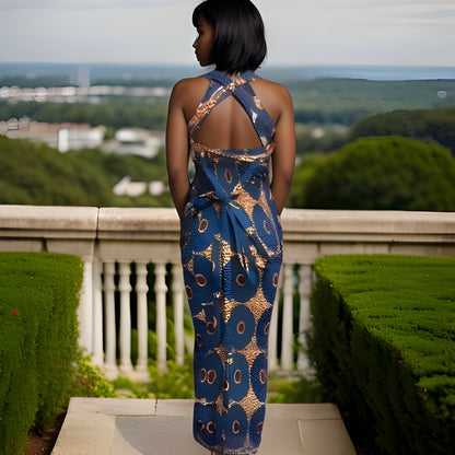 African Print Stretchy Ankara Blue Disk Print Dress