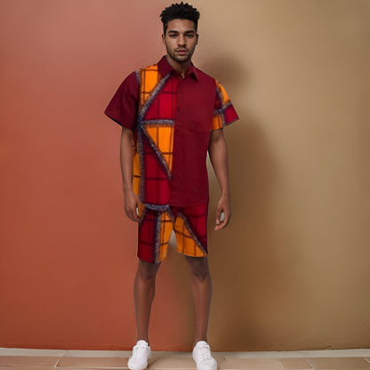 Men's Red/Gold African Print Shorts Set