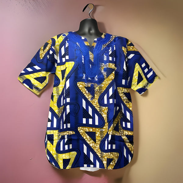 African Men's Blue/Yellow Print Short Sleeve Dashiki Shirt