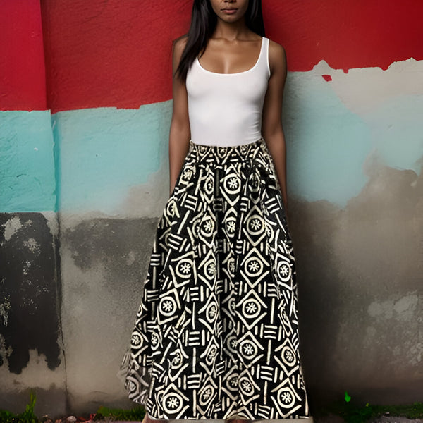 Women's African Black/Cream Print Skirt and Bag Set