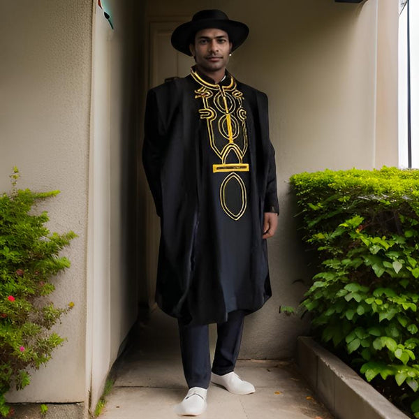 Men's African Black/Gold 3pc Grand Agbada Boubou Set