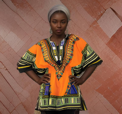 Women African Dashiki Shirt Dress w/ Elastic Waist Band (Free Size)