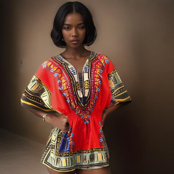 Women African Dashiki Shirt Dress w/ Elastic Waist Band (Free Size)