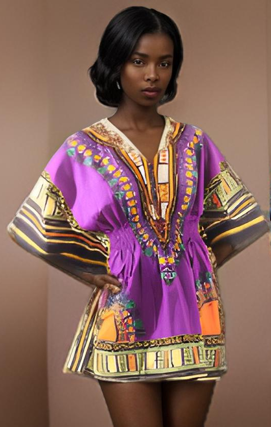 Women African Dashiki Shirt Dress w/ Elastic Waist Band (Free Size)