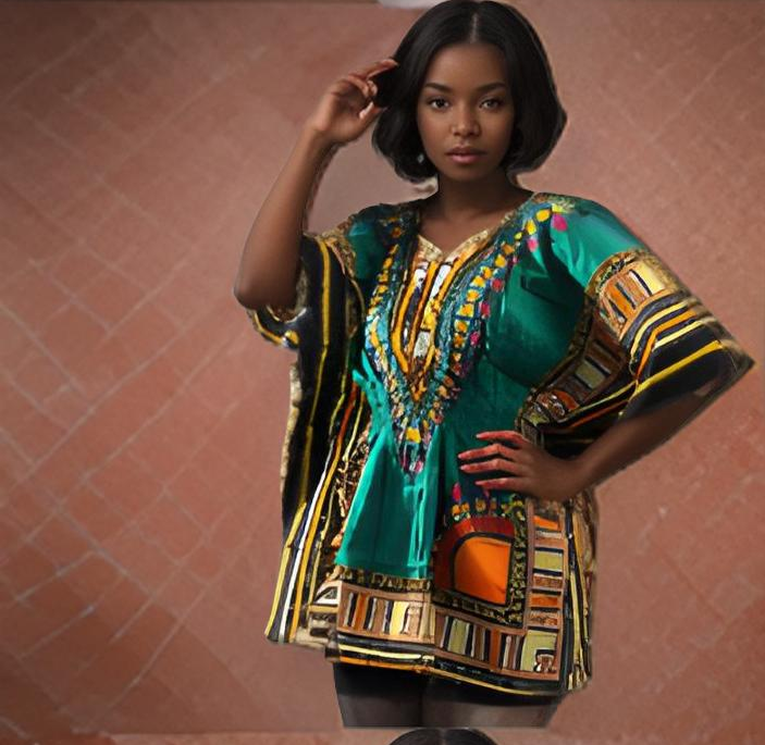 Women African Dashiki Shirt Dress w/ Elastic Waist Band (Free Size)