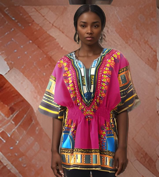 Women African Dashiki Shirt Dress w/ Elastic Waist Band (Free Size)