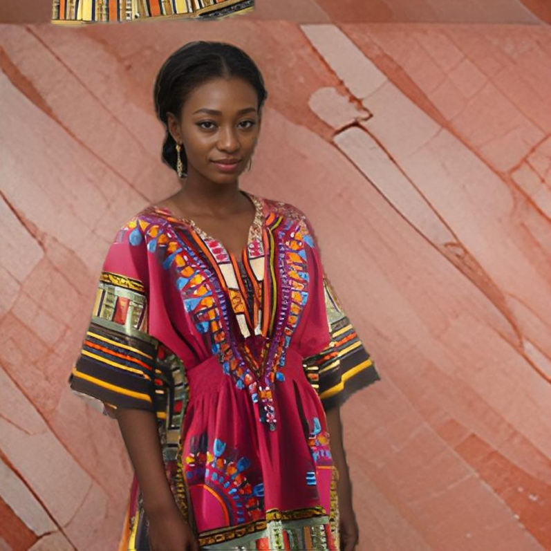 Women African Dashiki Shirt Dress w/ Elastic Waist Band (Free Size)