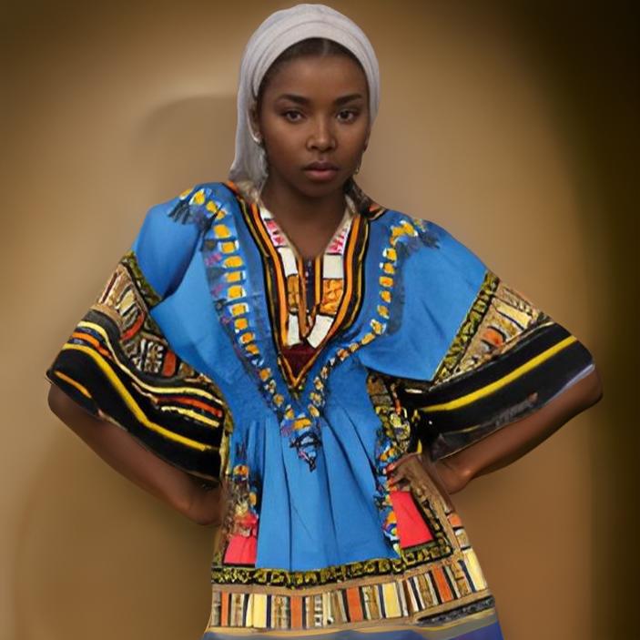 Women African Dashiki Shirt Dress w/ Elastic Waist Band (Free Size)