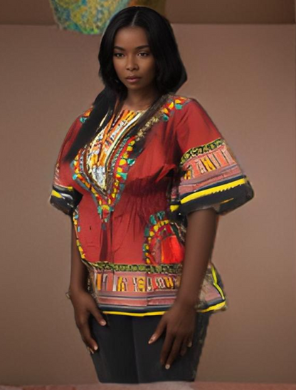 Women African Dashiki Shirt Dress w/ Elastic Waist Band (Free Size)