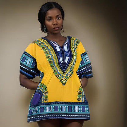 Women African Dashiki Shirt Dress w/ Elastic Waist Band (Free Size)