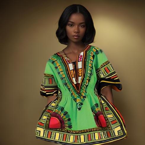 Women African Dashiki Shirt Dress w/ Elastic Waist Band (Free Size)