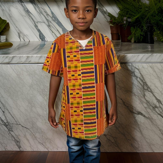 Boy's Yellow Kente Embroidered Dashiki Shirt