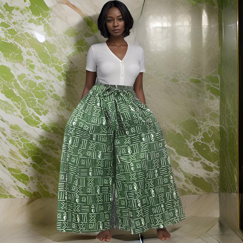 Women's Green Mudcloth Print Palazzo Pants