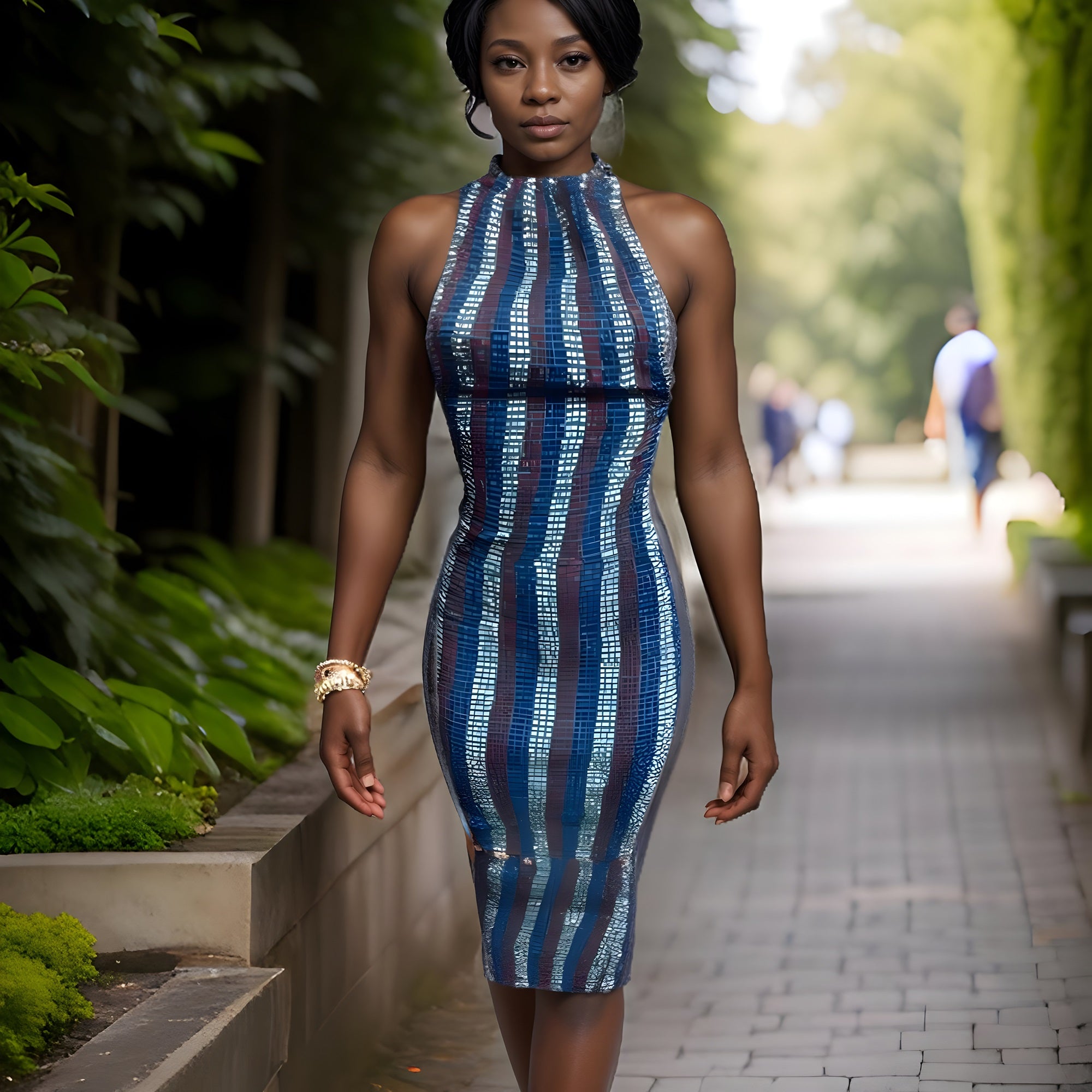 African Print Stretchy Ankara Multi-Blue Stripe Print Dress