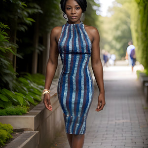 African Print Stretchy Ankara Multi-Blue Stripe Print Dress