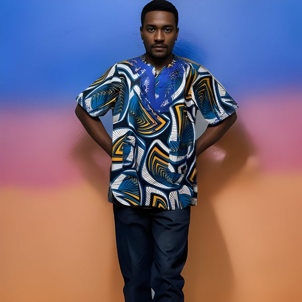 African Men's Blue Print Short Sleeve Dashiki Shirt